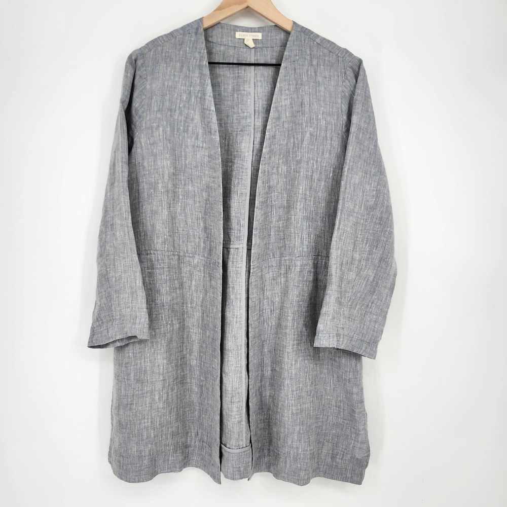 Eileen Fisher Handkerchief Linen Long Jacket Size S Blue Lagenlook Minimalist